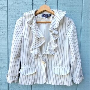 American Living Striped Ruffle Linen Blend Blazer size S Navy Ivory Nautical